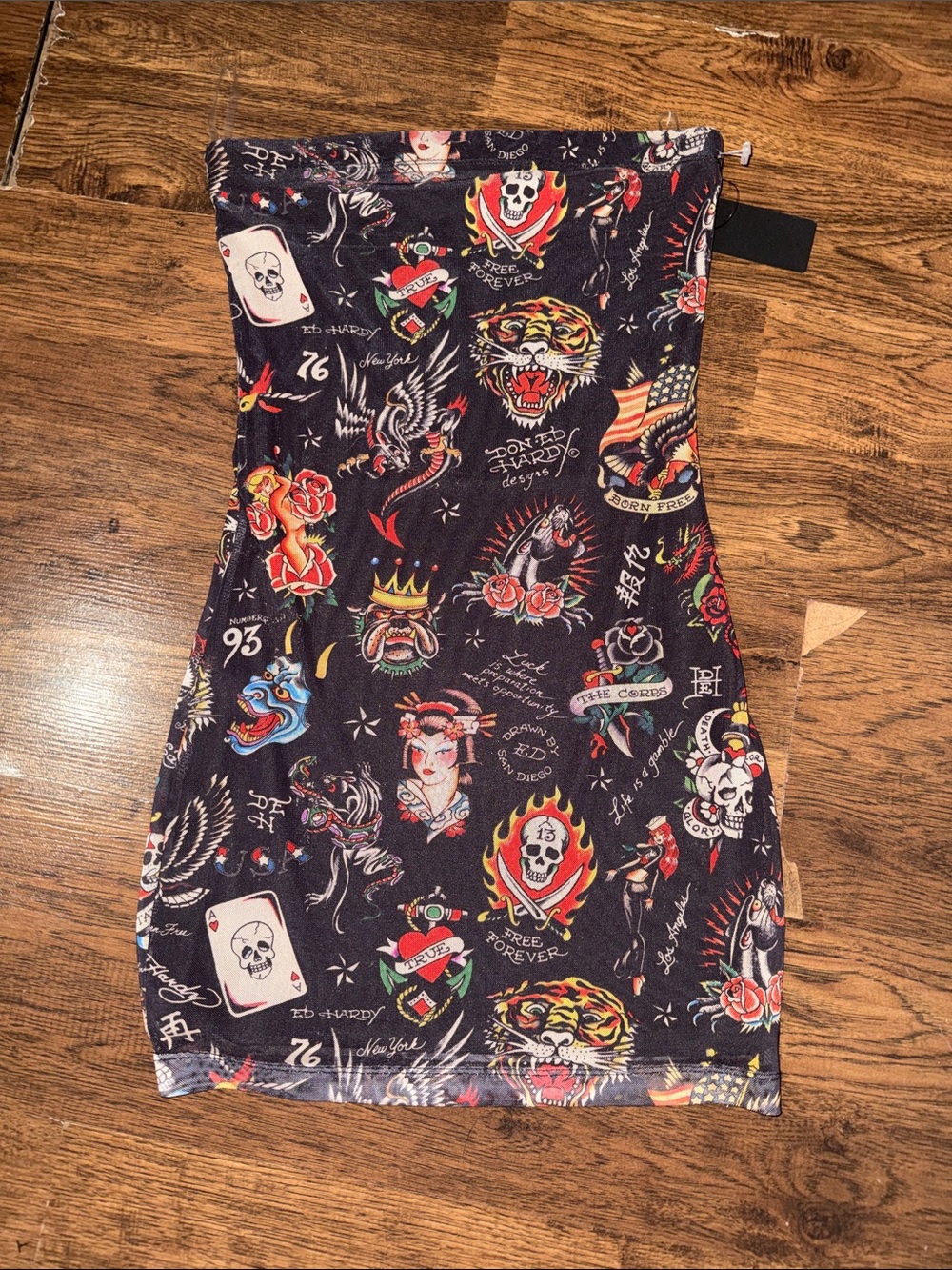 Ed Hardy Black Tattoo-Print Strapless Bodycon Dress